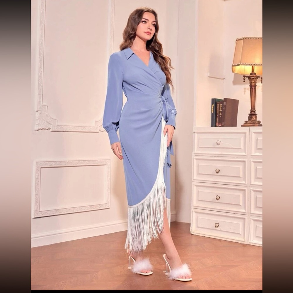 Powder Blue Fringe Wrap Dress Medium - Picture 7 of 10
